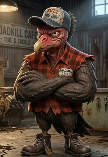 Buzz, the BuzzardFart mascot, a cartoon turkey vulture in a trucker cap and plaid flannel with his arms crossed.